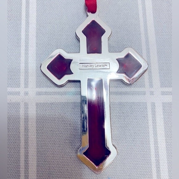 God Bless America Red Stained Glass Cross Ornament Sun Catcher Blue Swarovski - Picture 3 of 3